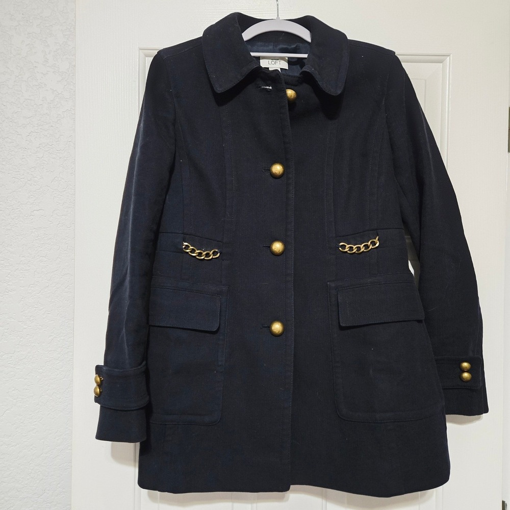Ann Taylor Loft Womens Black Military Style Coat Gold Chain Button Size 4 - Picture 1 of 8